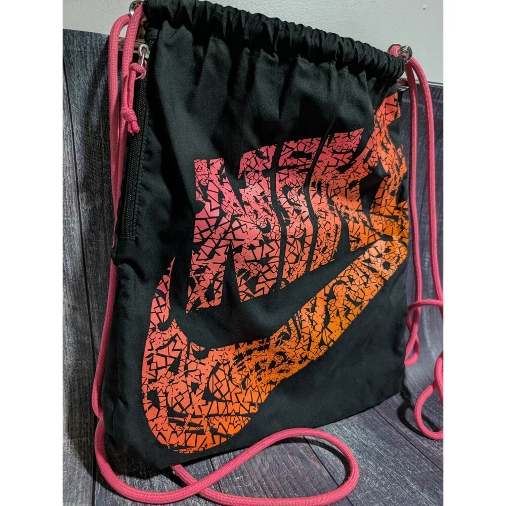Nike Drawstring Bag Backpack Cinch Sack Teal & Pink Rope Zip Pocket EUC!